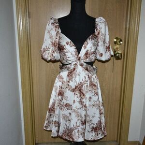 Altar'd State Floral Puff Sleeve Cutout Twist Soft Romantic Garden Mini Dress